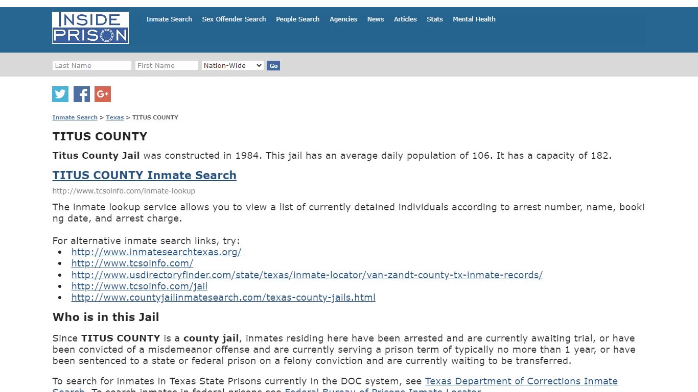 TITUS COUNTY - Texas - Inmate Search - Inside Prison